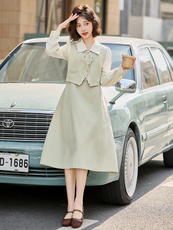 复古假两件修身长袖连衣裙2025春季新款赫本风收腰显瘦A字裙子女，女装连衣裙，铭街依杨