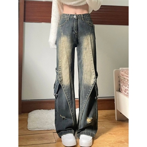 AK2306-P56美式高街复古高腰牛仔裤女夏季宽松直筒阔腿裤图片