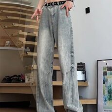 竹节闪电纹弯刀牛仔裤男vintage美式修身微喇窄版直筒高腰裤子秋，男装牛仔裤，星座1008