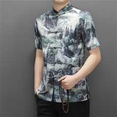 风复古盘扣提花T恤香云纱唐装短袖衬衫男士中年MJ9102-P75，男装民族服装，星座1105-3