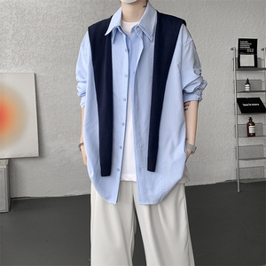 送针织披肩 蓝条纹长袖衬衫男设计感小众宽松廓形衬衣 CS536P75图片