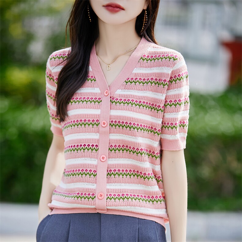 2025夏季新款纯棉透气针织短袖T恤女V领提花拼色上衣减龄显瘦小衫，女装针织衫/毛衣，斯美雅安迪绒