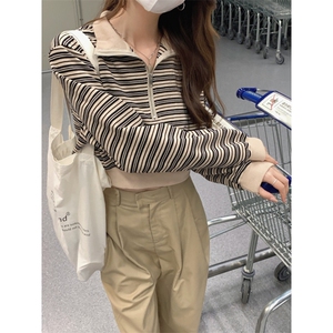 QC040-P58 半拉链立领条纹短款套头卫衣女2025春秋季新款长袖上衣图片
