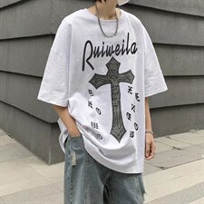 潮复古港风夏印花短袖T恤情侣装宽松休闲纯棉半袖上衣T3083P35图片