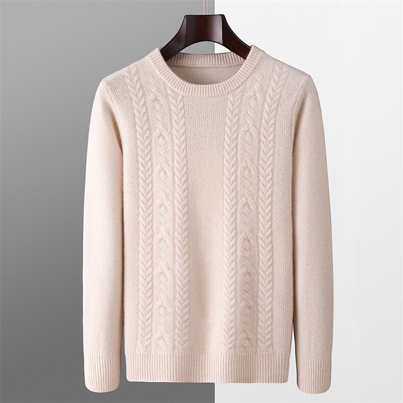 秋冬季羊毛男士七针双股加厚圆领扭花羊毛衫，男装羊毛衫，君贝羊绒