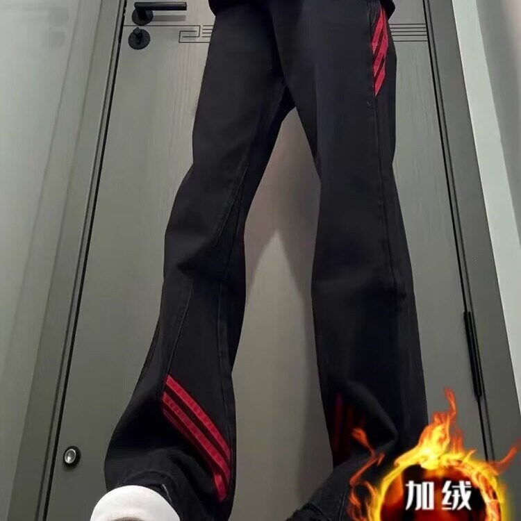 美式复古条纹阔腿长裤男女秋冬潮牌休闲宽松高街牛仔裤加绒直筒裤图片