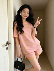 潮流时尚休闲运动套装女夏季新款印花圆领短袖上衣阔腿短裤两件套，女装套装/套裙，江南