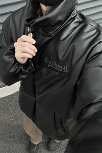 男装冬装宽松绣花PU皮棉衣港风大码棉服情侣面包服外套S367-P128图片