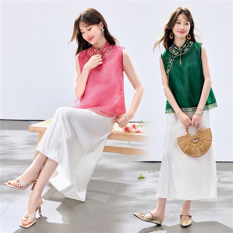 夏季新款现货！2026新中式立领优雅复古刺绣马甲+吊带连衣裙女,女装套装/套裙,央宝儿
