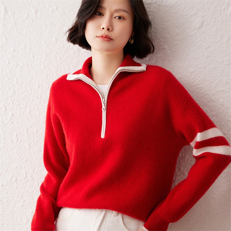 2024秋季新款半拉链翻领长袖女士35%羊绒套头衫通勤百搭,女装羊绒衫,雪真羊绒高端店