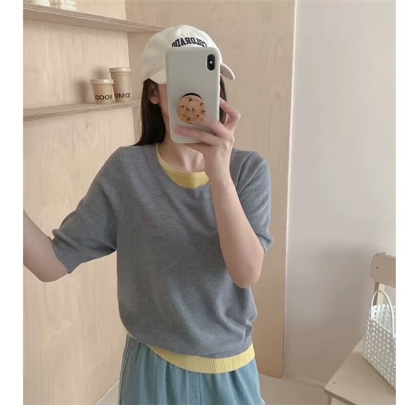 韩系东大门潮流慵懒感假俩件精纺羊毛打底短袖图片