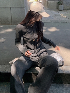 韩版休闲运动套装秋季新款女修身立领卫衣直筒长裤两件套洋气减龄图片