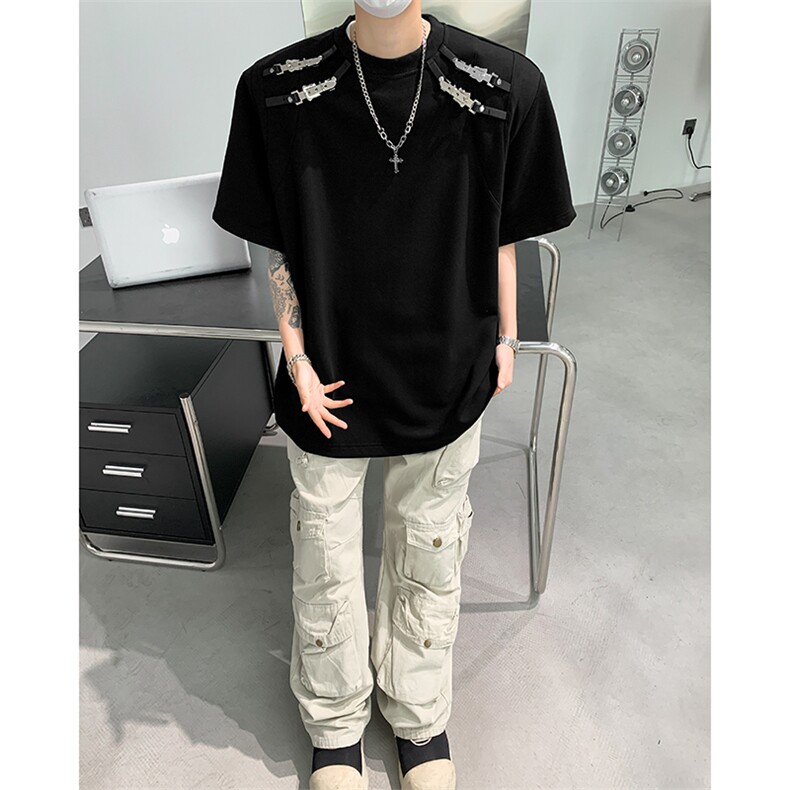 潮流金属扣拼接结构设计感圆领短袖纯色宽松T恤男T310-P45控68,男装T恤,星座310A-3
