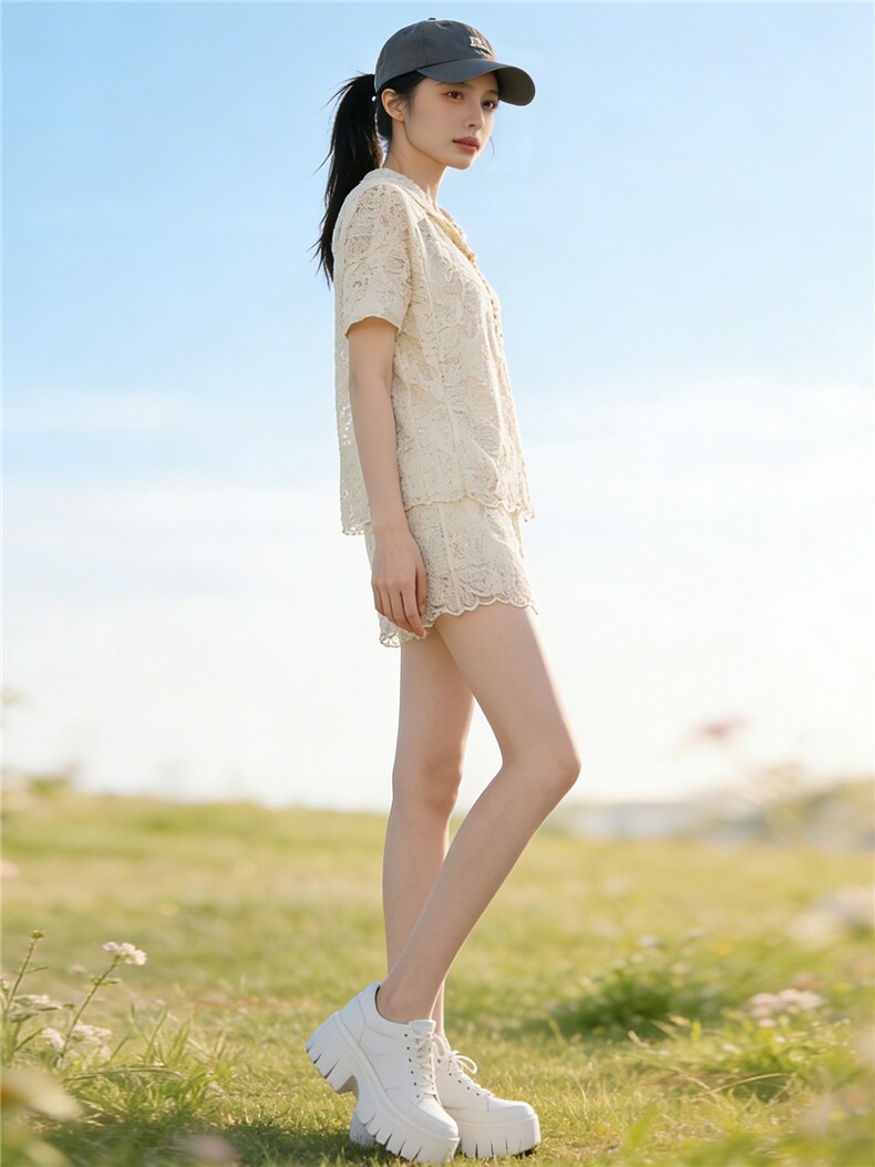 盐系高级感时尚气质套装女夏新款蕾丝碎花连帽短袖阔腿短裤两件套,女装套装/套裙,江南