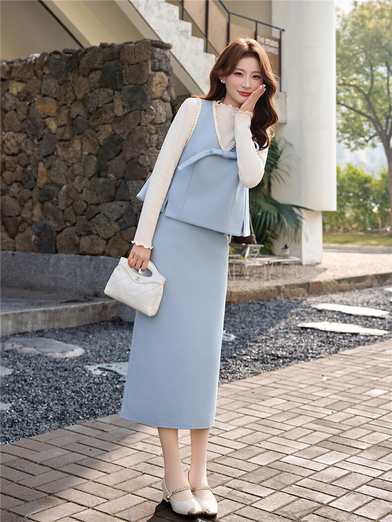 设计感洋气套装裙女2026冬新款拼接马甲打底衫半身裙三件套套装,女装套装/套裙,流量+