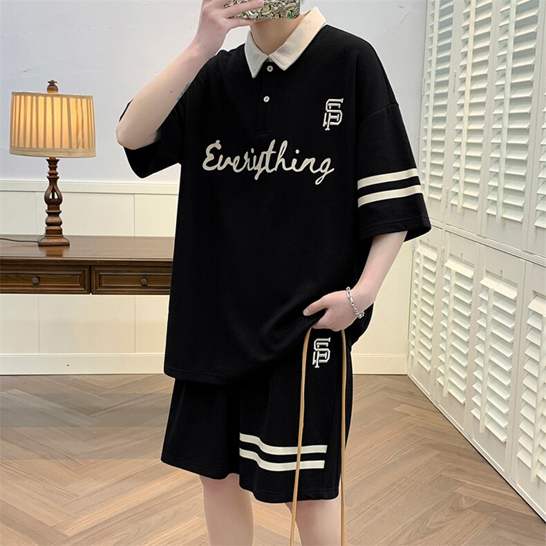 夏季港风运动休闲短袖POLO衫套装男情侣半袖短裤两件潮6620-P60，男装T恤，电商A441-1