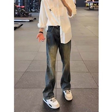 美式复古vibe高街牛仔裤男直筒弯刀拼接牛仔裤N9605/P45，男装牛仔裤，电商D202-1