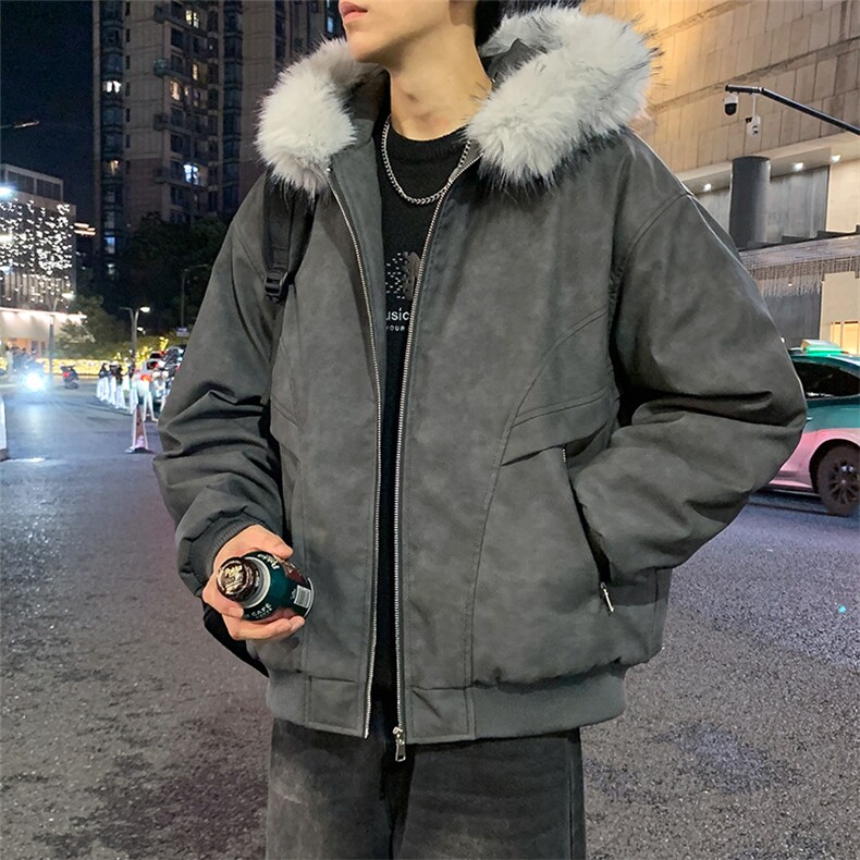 现货扎染PU皮棉服男冬季加厚连帽棉衣座山雕大毛领外套M090-P120,男装棉衣,星座308B-2