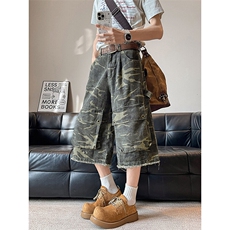 复古重磅大口袋毛边迷彩工装七分裤美式cleanfit短裤DK0668-P60，男装牛仔裤，星座308B-1