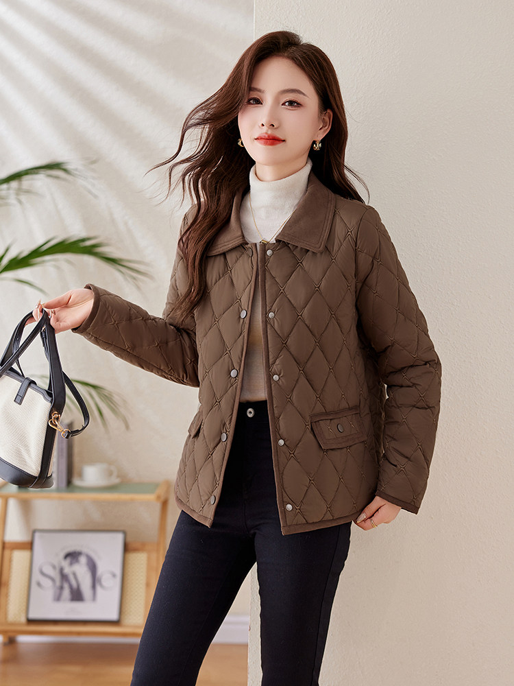 时尚小翻领菱格夹棉外套女2024冬新款短款轻薄羽绒棉服保暖小棉袄,女装棉衣/棉服,姿衣坊