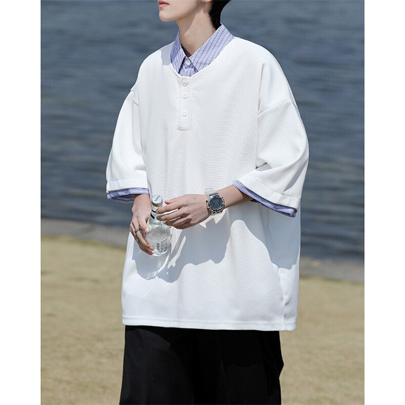 8XL-M假两件衬衫领短袖T恤大码夏季条纹拼接polo衫半袖DX1211/P45,男装T恤,电商B238