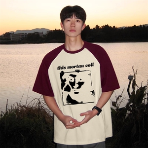 抖音得物高品质二开240克宽松纯棉美式潮牌插肩袖拼接短袖T恤图片