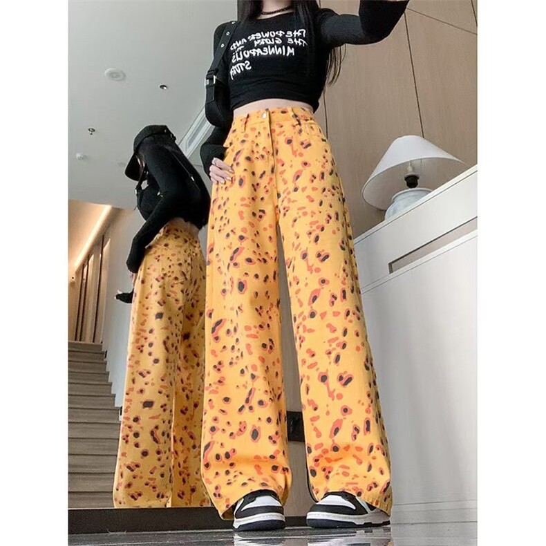 美式复古个性豹纹高腰休闲裤女2025秋季小众设计直筒拖地阔腿长裤,男装牛仔裤,星座506A