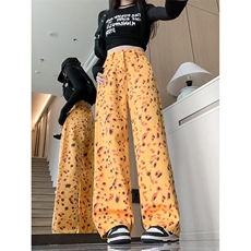 美式复古个性豹纹高腰休闲裤女2025秋季小众设计直筒拖地阔腿长裤，男装牛仔裤，星座506A