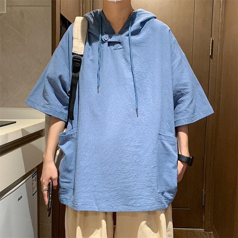 夏季美式复古工装短袖卫衣夏薄款2024连帽t恤潮牌日系七分袖半袖图片