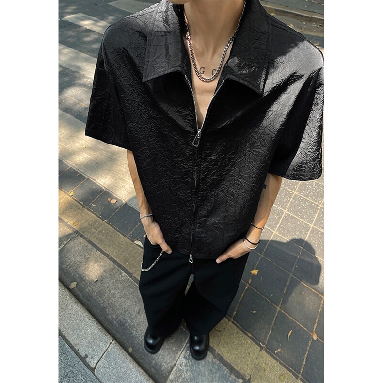 CS6018-P35控58夏季特殊压皱设计拉链短袖衬衫男,男装衬衫,电商A058-1（原电商C417）