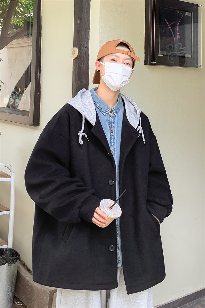 N6108/P95秋冬港风连帽假两件中长款毛呢大衣男大码风衣呢料上衣,男装风衣,电商A141