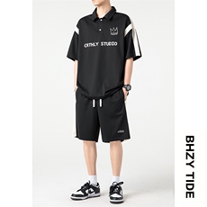 夏季新款polo领短袖T恤套装男宽松大码短裤两件套XZ80029-P70，男装休闲套装，电商A042