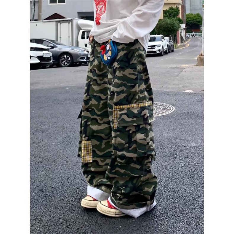 春秋新款迷彩工装裤男女同款设计感宽闲裤阔腿弯刀裤MKA712 P60图片
