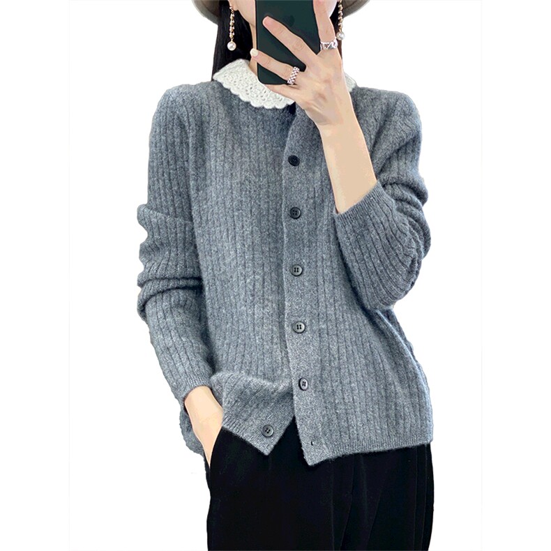 女士白色娃娃领羊毛开衫羊毛简约时尚,女装羊毛衫,臻维羊绒