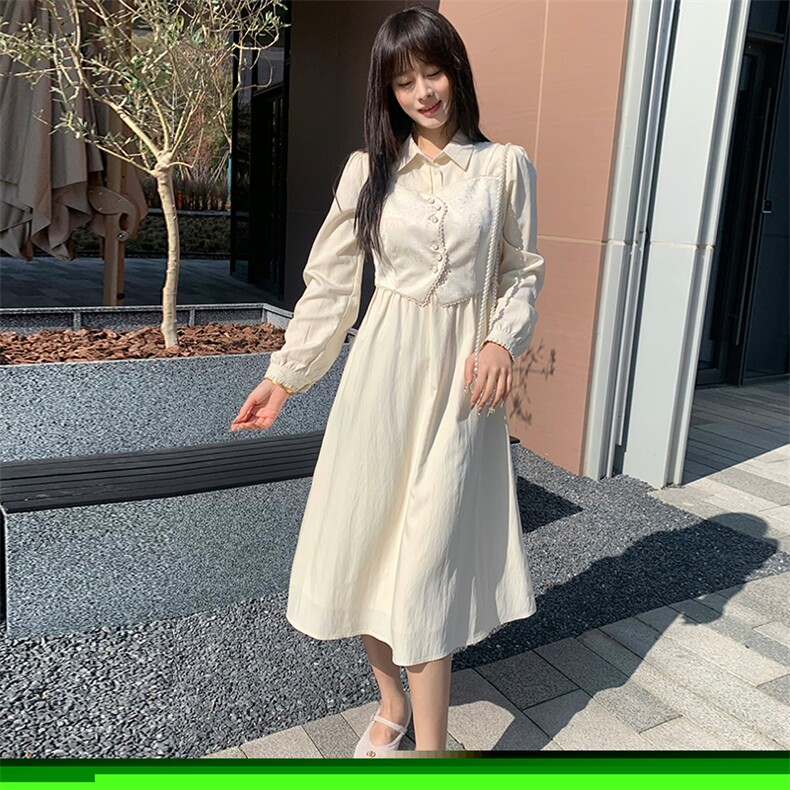 现货2024年春季女新甜美时尚复古印花修身显瘦网红假两件连衣裙,女装连衣裙,煊芮熙