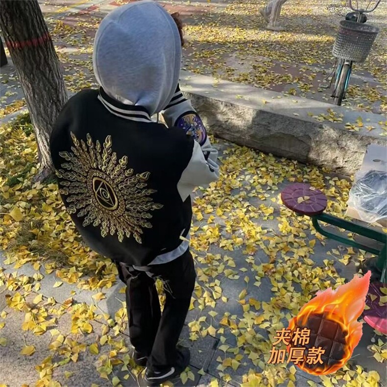 网图太阳之眼棒球夹棉外套刺绣皮袖夹克A025-KY1805-P68夹棉78,男装夹克,电商A025