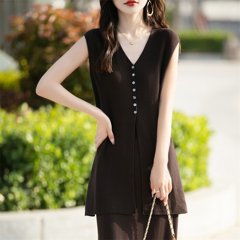 天丝中长款开叉马甲半身裙两件套女2024夏季薄款针织套装宽松裙子,女装套装/套裙,东远绒业