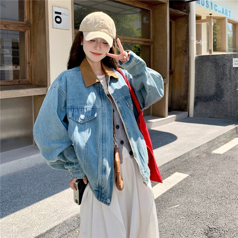 浅蓝色复古小个子牛仔外套女2025秋季减龄流行设计感宽松夹克上衣,女装短外套,2C053