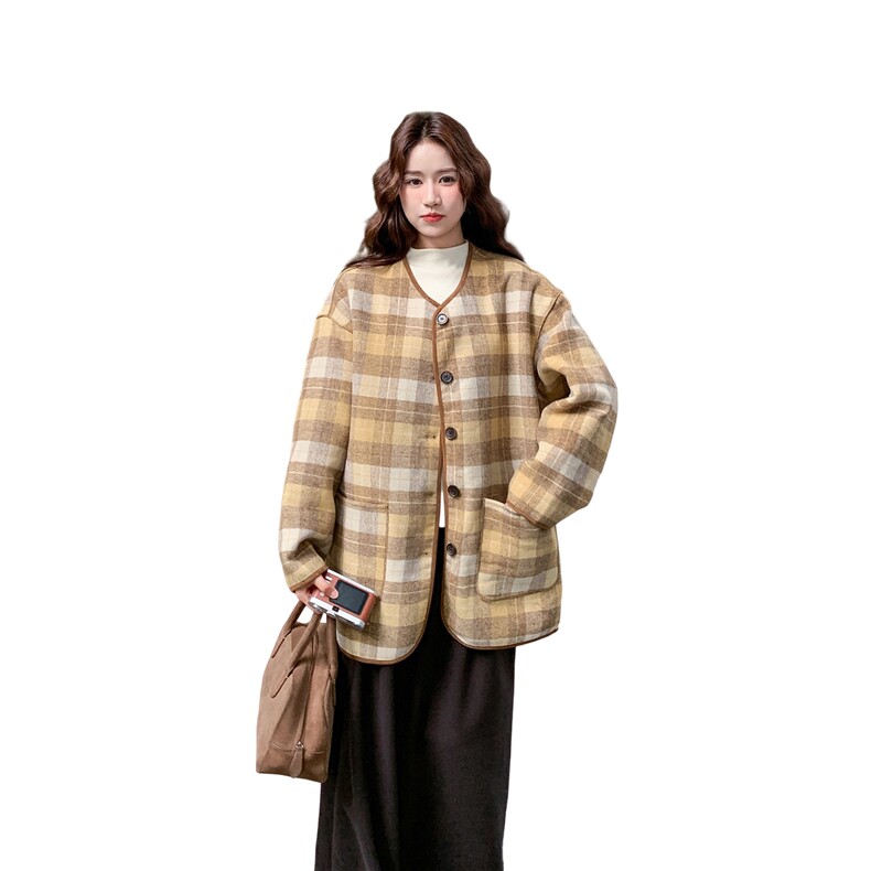 两面穿格子毛呢外套女2025冬季新款韩系减龄小个子休闲保暖呢大衣,女装羊绒大衣,2D078