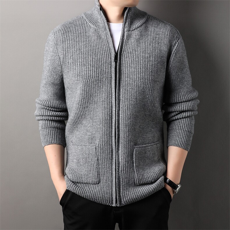 秋冬长拉链毛衣男外套保暖口袋毛线开衫拉链针织休闲加厚男装，男装针织衫/毛衣，钱塘6003（原4033）