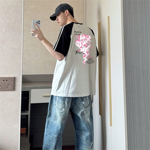 抖音得物品质二开240克宽松纯棉美式潮牌插肩三杠织带短袖T恤