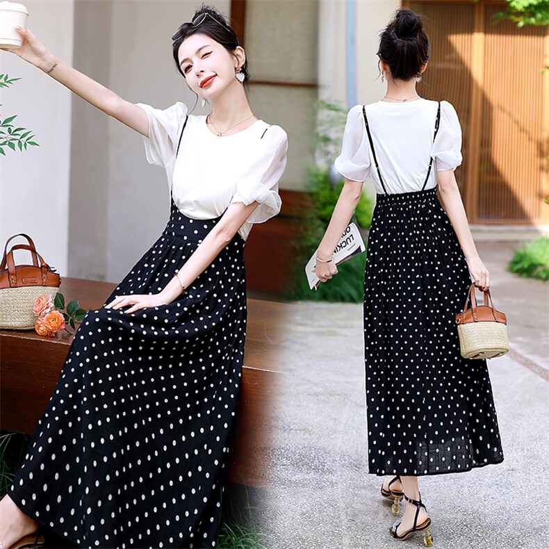 时尚套装裙女欧洲站2024夏季新款欧货泡泡袖T恤+波点吊带连衣裙潮，女装套装/套裙，纯色衣恋