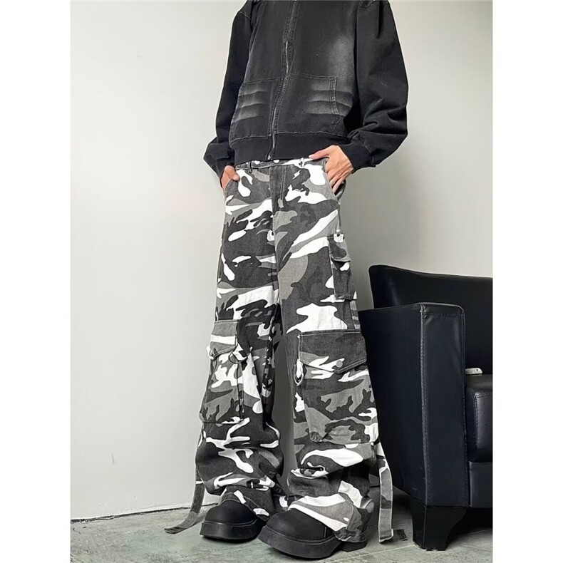 秋款男迷彩裤工装大口袋抽绳直筒长裤H7792P65，男装工装外套，星座1013-1