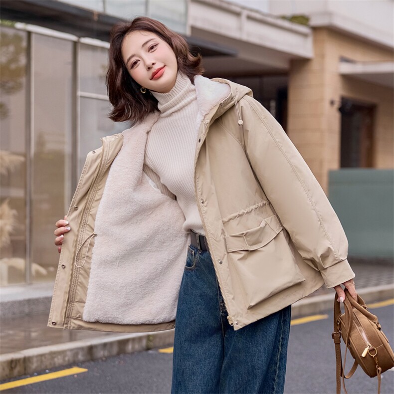 卡其色派克棉服女冬季2024新款棉衣中长款百搭宽松工装加绒加厚,女装棉衣/棉服,梦懿尔