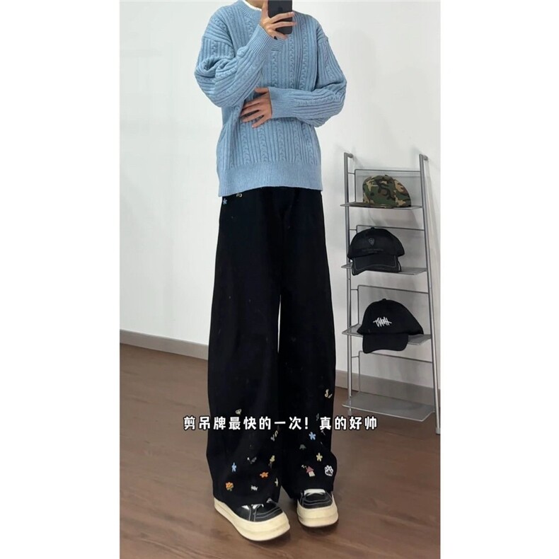 卡通印花双褶皱牛仔裤男女百搭慵懒风阔腿裤S662P45,男装牛仔裤,星座1112-1