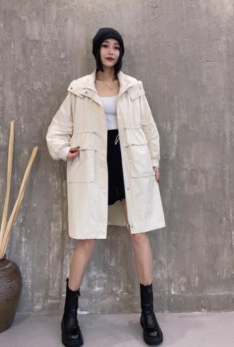 2021秋季新款欧洲站连帽休闲宽松抽绳抽褶工装风衣外套,女装风衣,L·H·X