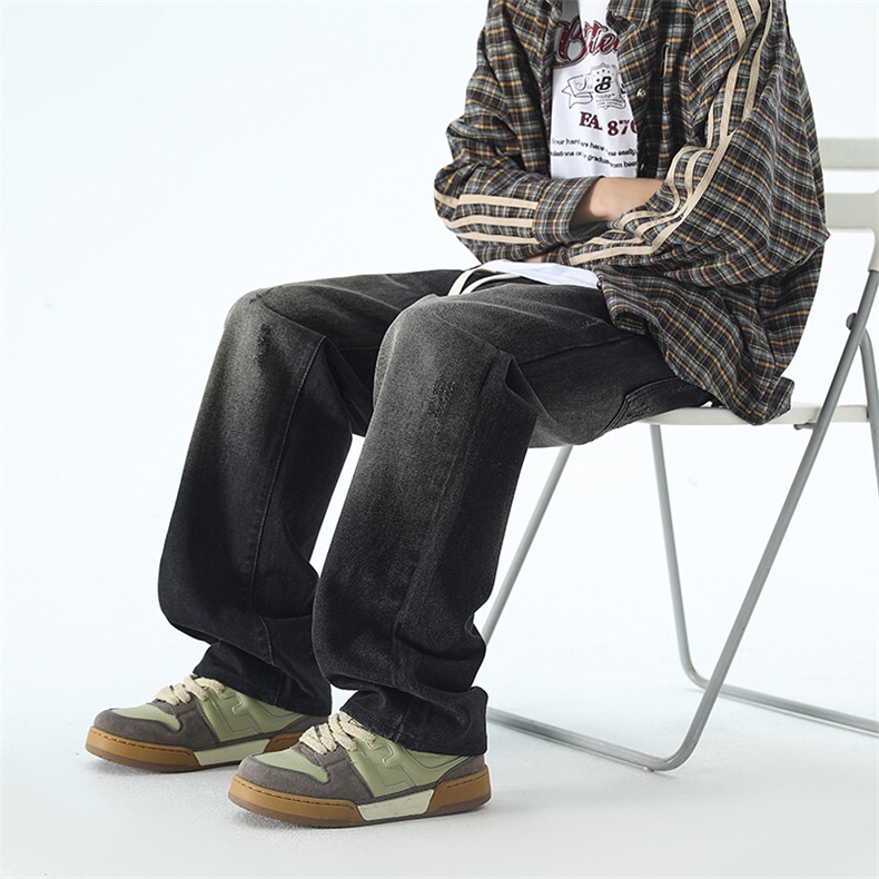 B221美式ins高街暗黑松紧腰宽松直筒牛仔裤LK24319-特P40控68，男装牛仔裤，电商B221