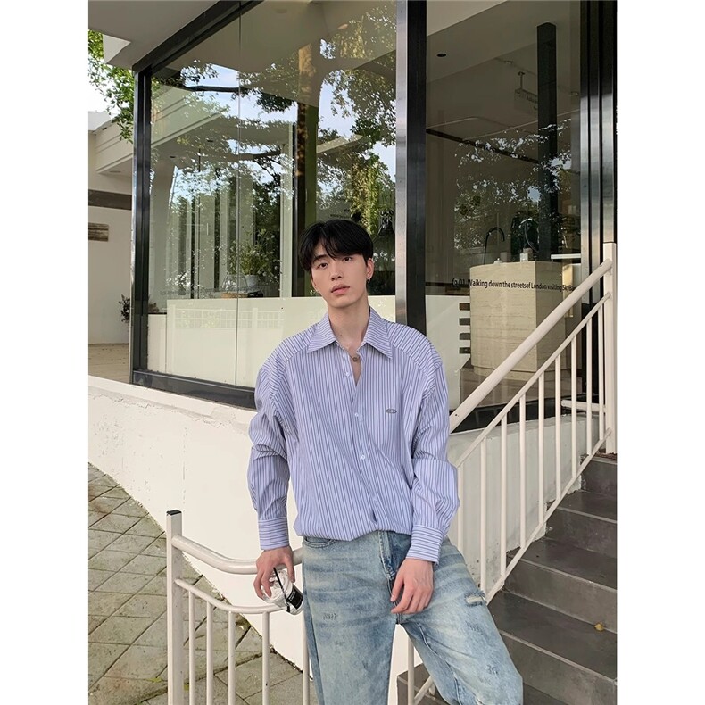 衬衫男长袖港风日系薄款宽松秋季高级条纹潮ins休闲衬衣男士外套,男装衬衫,星座506A