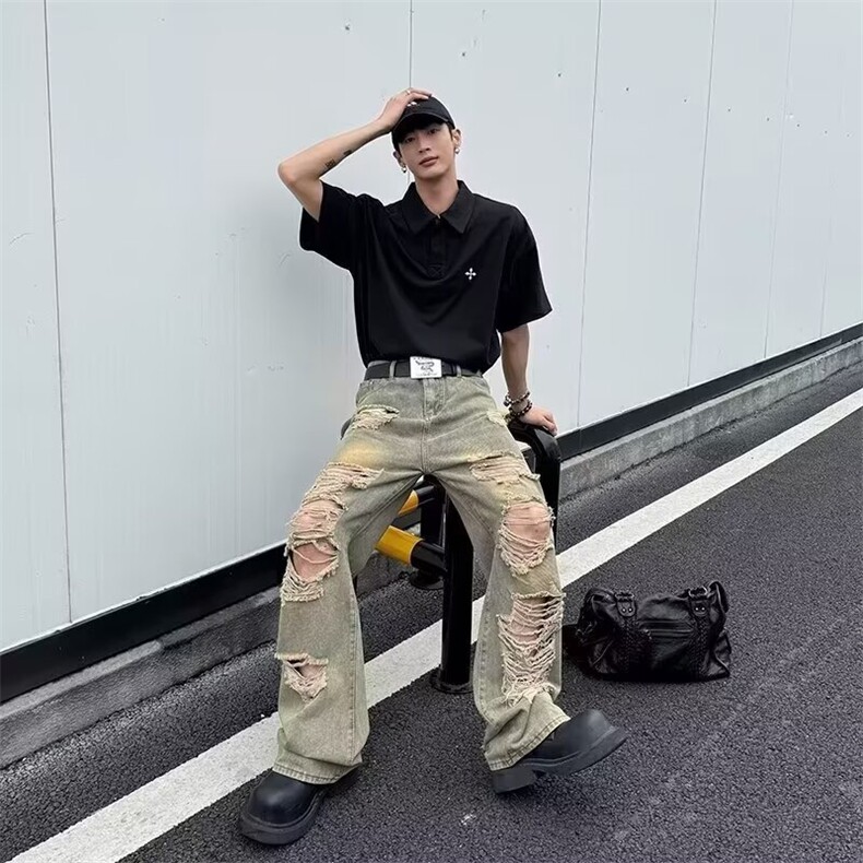复古做旧破洞牛仔裤男女高街水洗做旧微喇裤子阔腿NA695-P45,男装牛仔裤,星座208-5