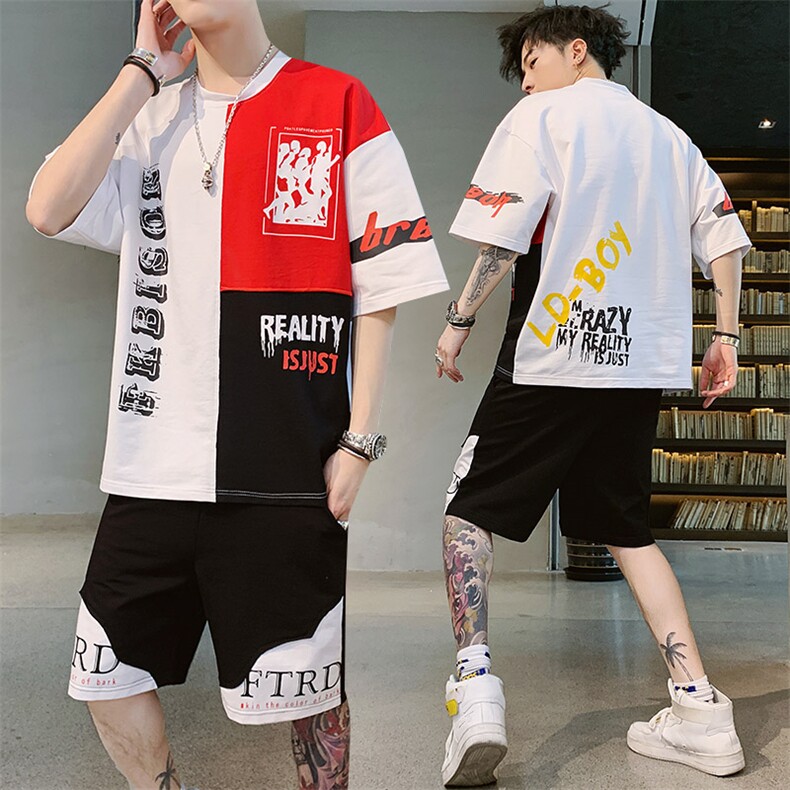 男士短袖t恤休闲套装宽松棉潮流半袖上衣服男夏季男装F155P55,男装休闲套装,电商A086